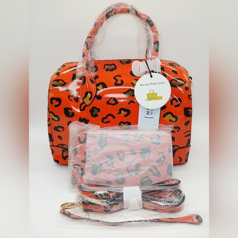 Orange Leopard Print Faux Leather Crossbody/Shoulder Satchel Handbag and Wallet‌